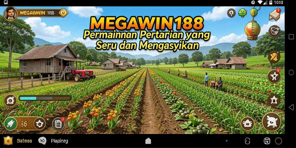 Screenshot gameplay <strong>MEGAWIN188</strong> menampilkan ladang hijau yang subur dan aktivitas berkebun.